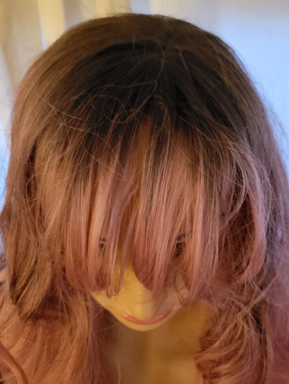 Balayage Synthetic Long Wavy Pink Ombre Women's Wig with Bangs